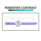 Purple silicone strap LED digital watch with round rose-gold bezel, outlined size diagram