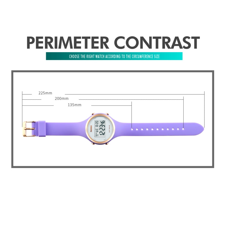 Purple silicone strap LED digital watch with round rose-gold bezel, outlined size diagram