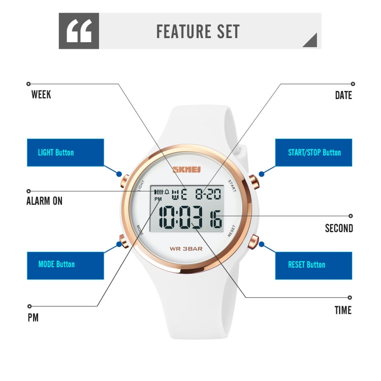 White silicone strap LED digital watch with round rose-gold bezel and digital display