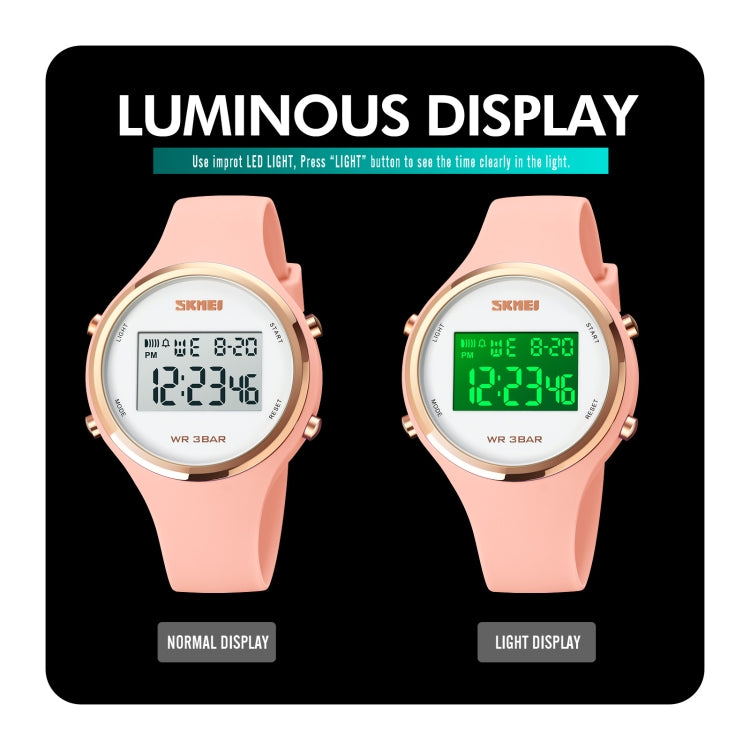 Round LED digital watch with pink silicone strap, shown in normal and light display modes