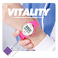 Round digital LED watch with bright pink silicone strap on wrist, illuminated time screen