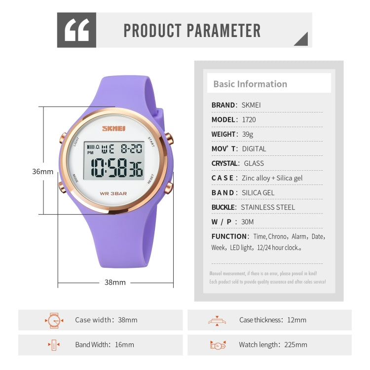 Round LED digital watch with purple silicone strap and gold-tone bezel, clear screen