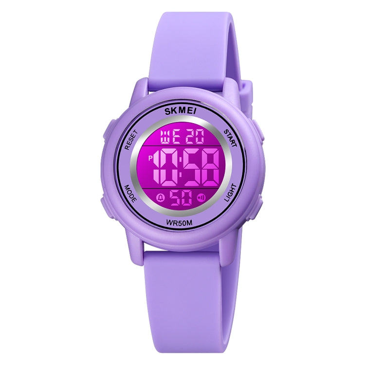 Purple LED digital wristwatch with silicone strap and round luminous display bezel.