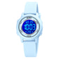 Light blue LED digital wristwatch with silicone strap and round luminous display bezel.