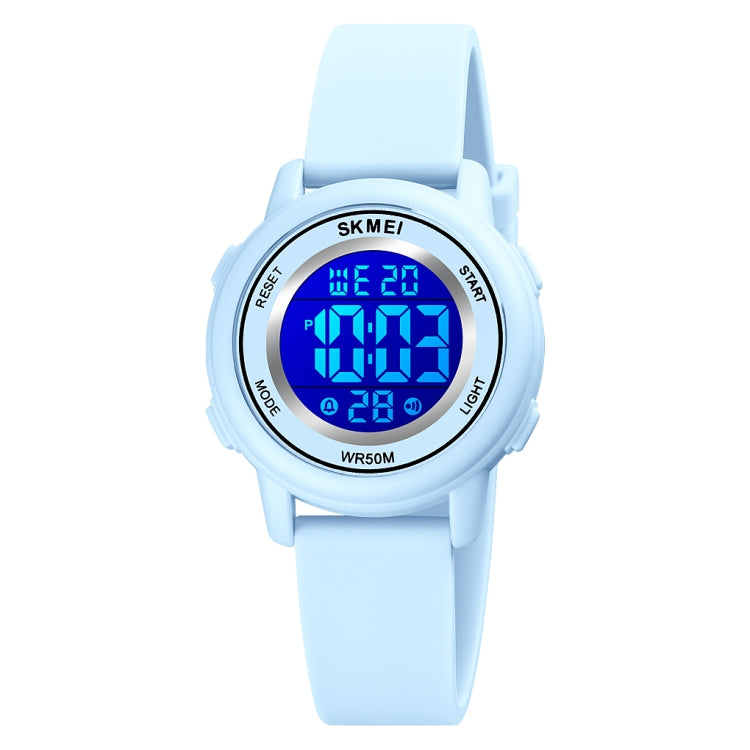 Light blue LED digital wristwatch with silicone strap and round luminous display bezel.