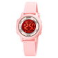 Pink LED digital wristwatch with silicone strap and round luminous display bezel.