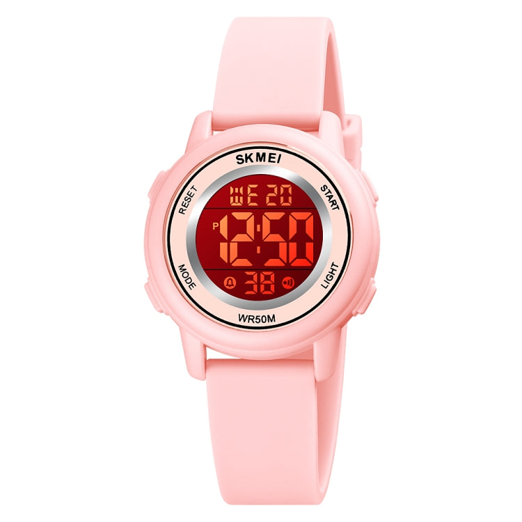 Pink LED digital wristwatch with silicone strap and round luminous display bezel.