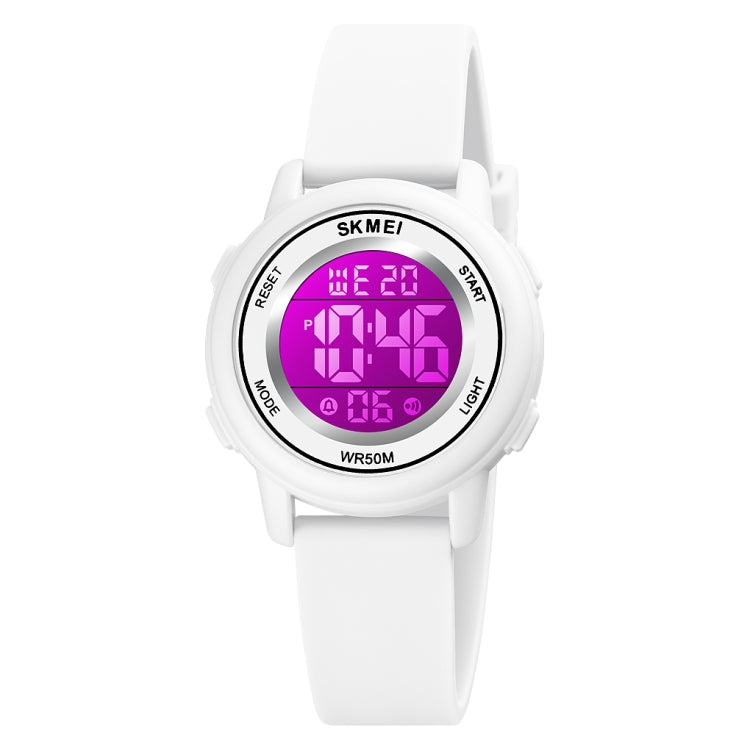 White LED digital wristwatch with silicone strap and round luminous display bezel.