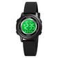 Black LED digital wristwatch with silicone strap and round luminous display bezel.