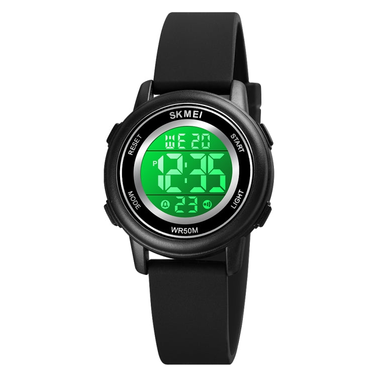 Black LED digital wristwatch with silicone strap and round luminous display bezel.