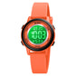 Orange LED digital wristwatch with silicone strap and round luminous display bezel.