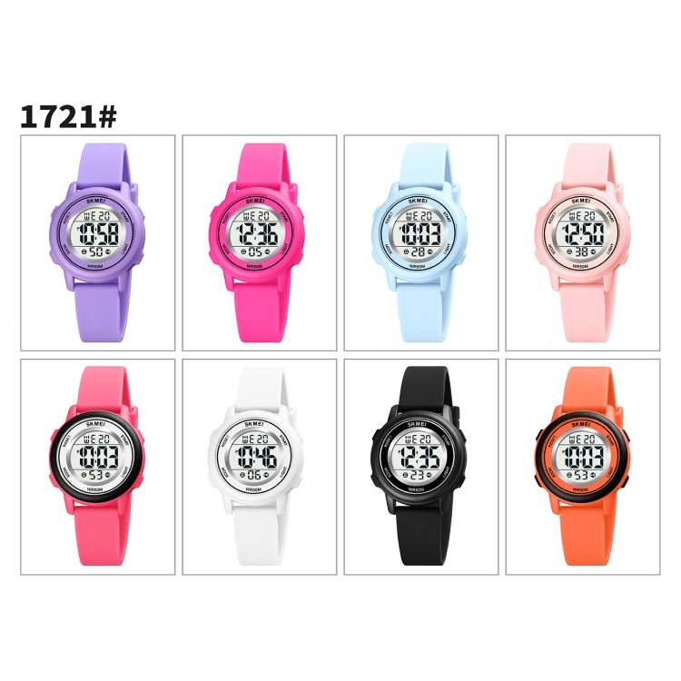 Assorted SKMEI 1721 LED watches with silicone straps in multiple colors, round screens.