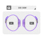 Purple round LED digital watch shown in left and right side views with silicone strap.