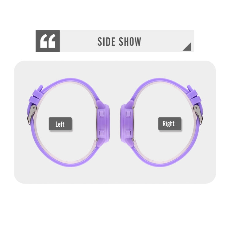 Purple round LED digital watch shown in left and right side views with silicone strap.