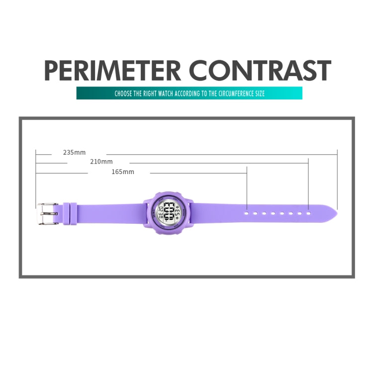 Purple LED digital watch with silicone strap, shown with perimeter light feature diagram.