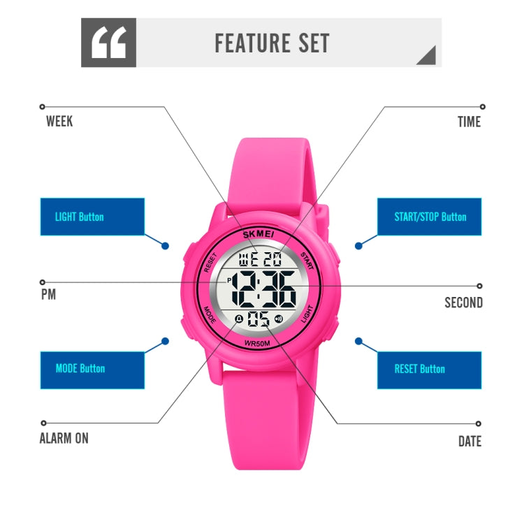 Pink LED digital watch front view with labeled buttons and round luminous display.