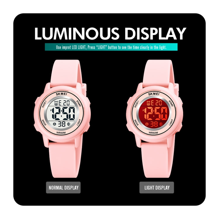 Pink round LED digital watch with silicone strap, luminous light display