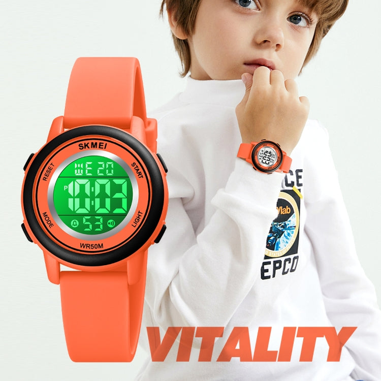 Orange round LED digital watch with silicone strap, bright green digital screen