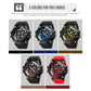Digital sport watch color options page showing black, blue, gold, rose gold, and red