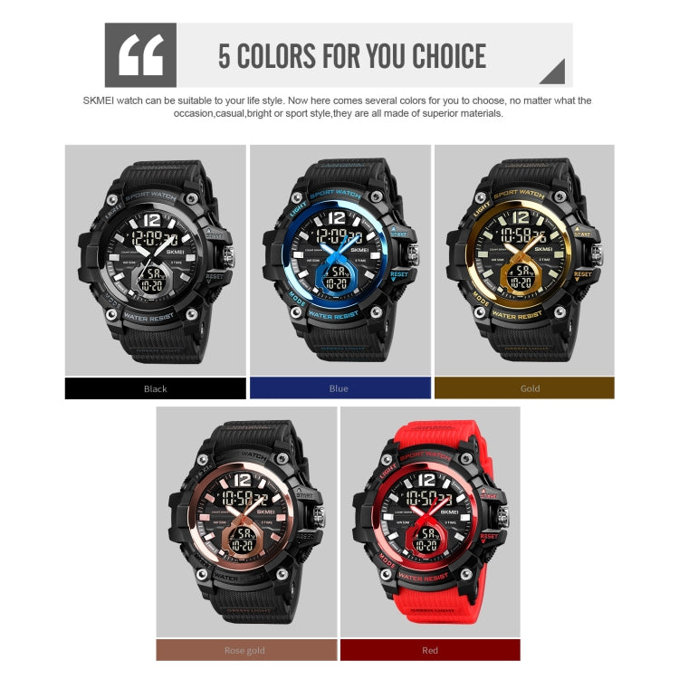 Digital sport watch color options page showing black, blue, gold, rose gold, and red