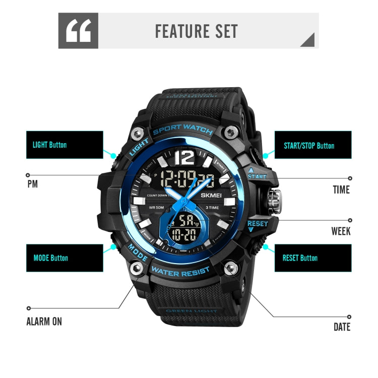 Black digital sport watch feature diagram with buttons and display labels