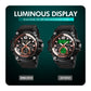 Black digital sport watch with luminous LED display shown in normal and light modes