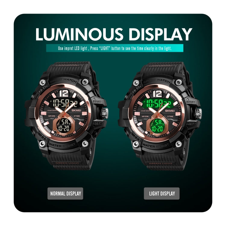 Black digital sport watch with luminous LED display shown in normal and light modes
