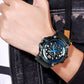 Black digital sport watch on wrist with glowing LED time display and textured strap