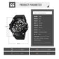 Black digital sport watch product parameter diagram with front view and measurements