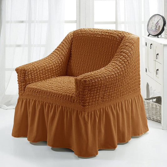 Universal elastic sofa cover, camel brown textured fabric with gathered full-coverage skirt
