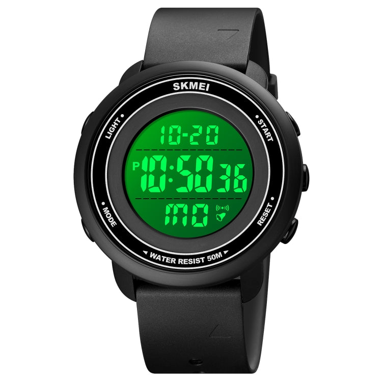 SKMEI round digital LED wristwatch with black bezel and green backlit display
