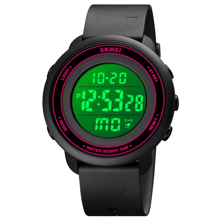 SKMEI round digital LED wristwatch with pink bezel ring and green backlit display