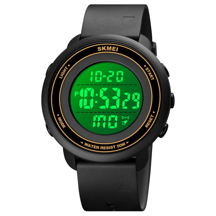 SKMEI round digital LED wristwatch with gold bezel ring and green backlit display