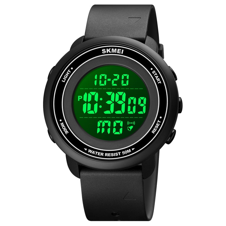SKMEI round digital LED wristwatch with dark bezel and green backlit display