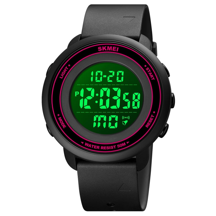 SKMEI round digital LED wristwatch with pink bezel ring and green backlit time display