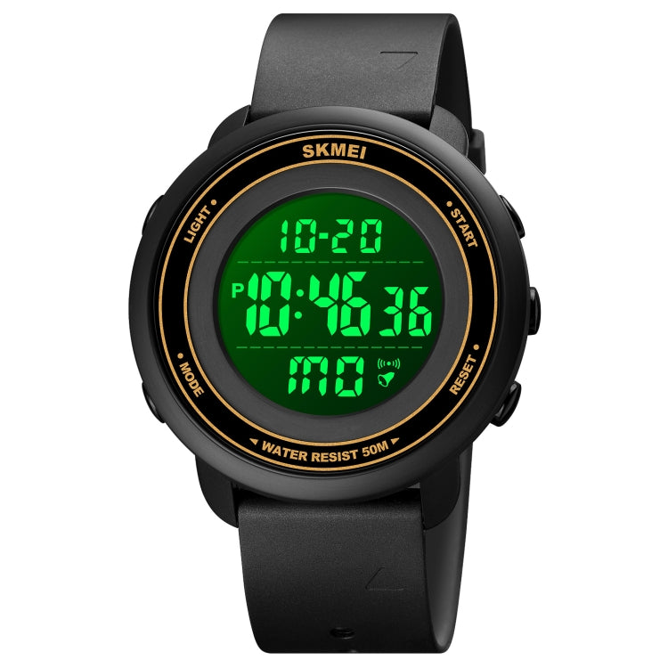 SKMEI round digital LED wristwatch with gold bezel ring and green backlit time display