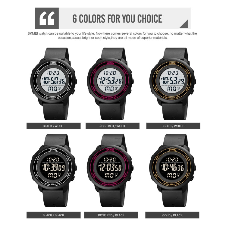 SKMEI digital LED watches shown in six color options with green backlit displays