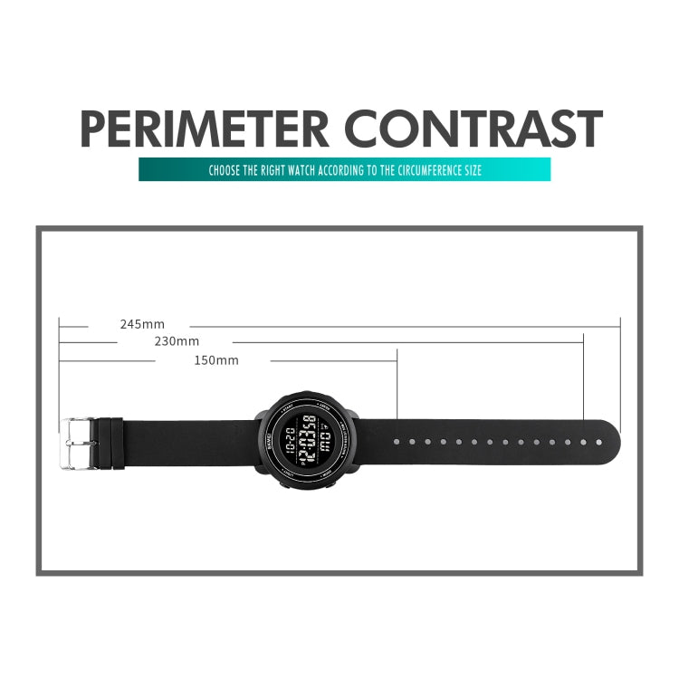 SKMEI digital LED watch on long strap shown in a size measurement diagram