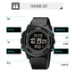 SKMEI digital LED watch infographic showing buttons and functions around the dial