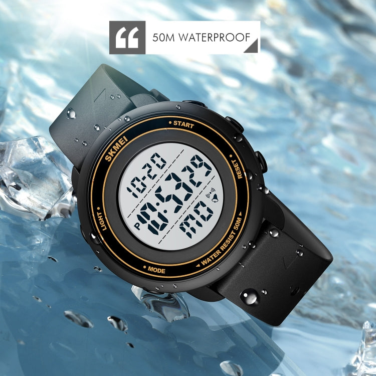 Round LED digital watch with black strap, gold bezel, white screen, visible buttons