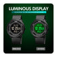 Round LED digital watch with black strap, black bezel, dual bright digital times
