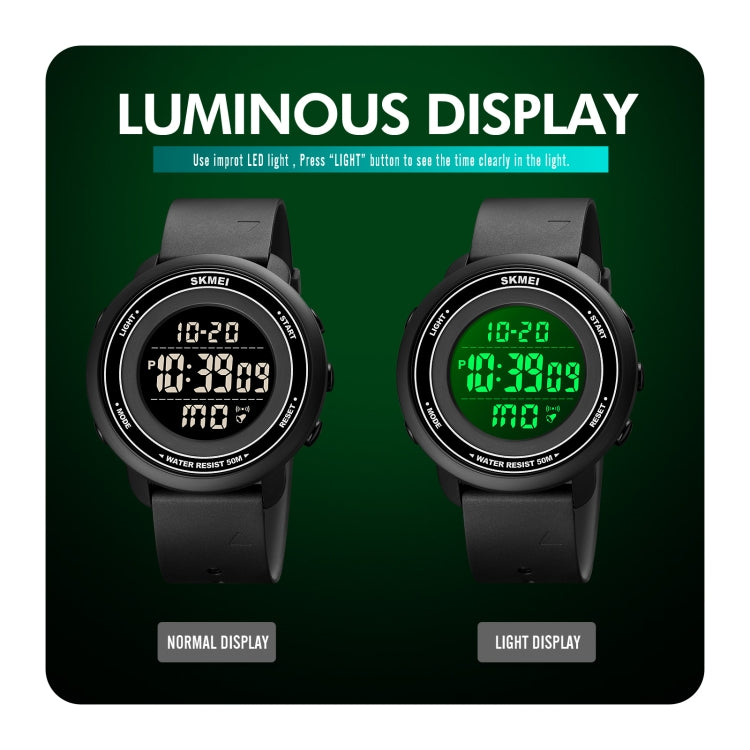 Round LED digital watch with black strap, black bezel, dual bright digital times