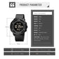 Round LED digital watch with black strap and bezel, clear digital display, side buttons