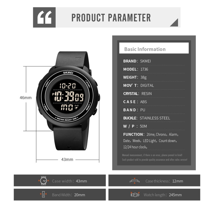 Round LED digital watch with black strap and bezel, clear digital display, side buttons