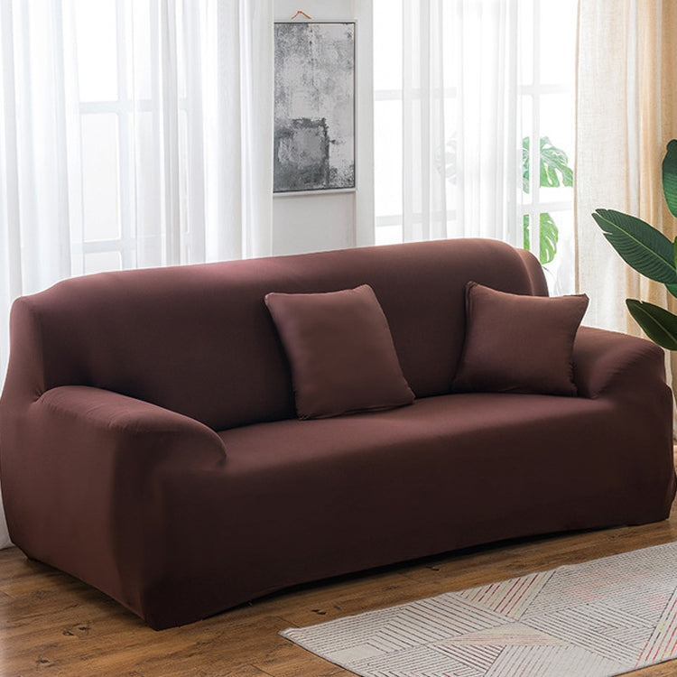 Solid-color full-coverage sofa cover in deep maroon with matching seat and back cushions
