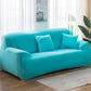 Solid-color full-coverage sofa cover in bright turquoise blue with three matching cushions