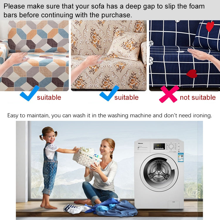 Sofa cover fit and care overview, showing suitable gaps and machine-washable cleaning