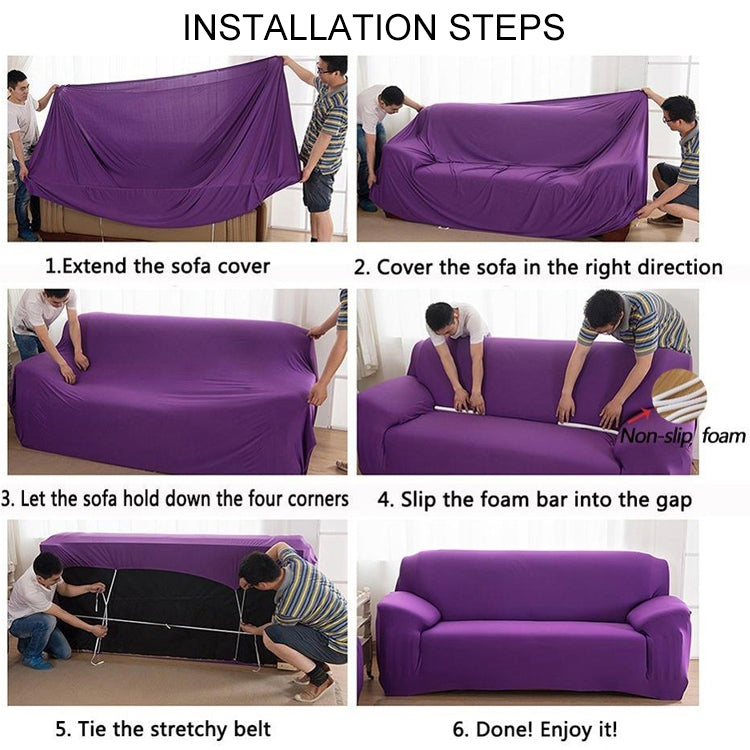 Sofa cover installation steps showing stretching, corner tie, and foam-bar insertion