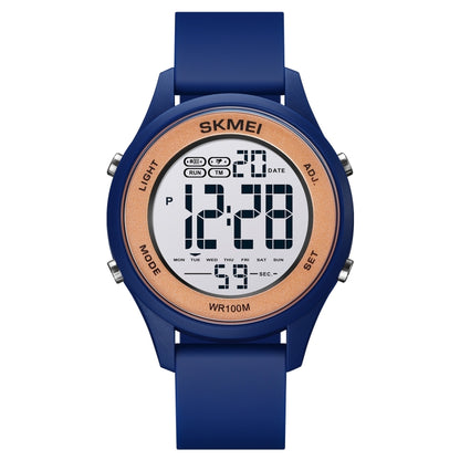 SKMEI digital LED watch with dark blue silicone strap and circular luminous screen
