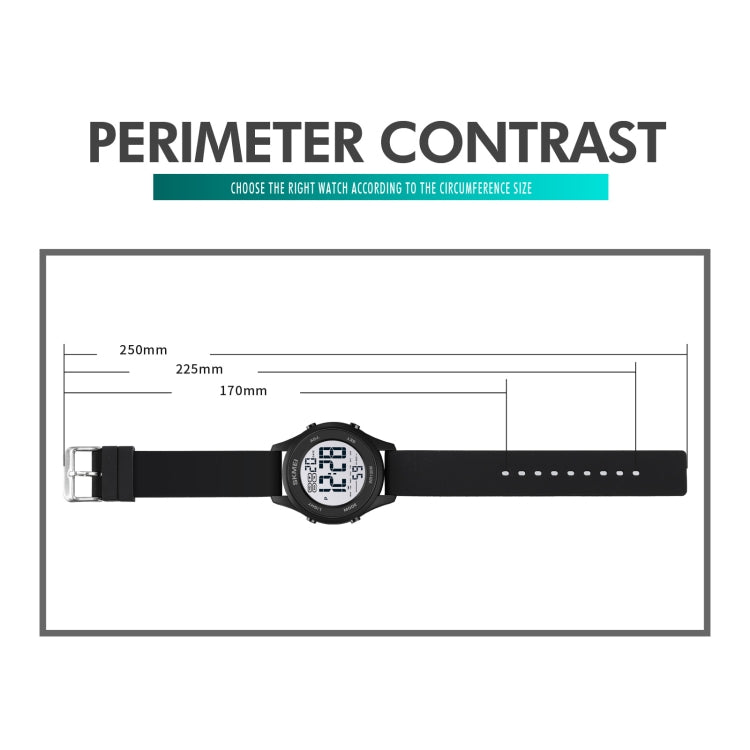 SKMEI digital LED watch with black silicone strap and side view buckle